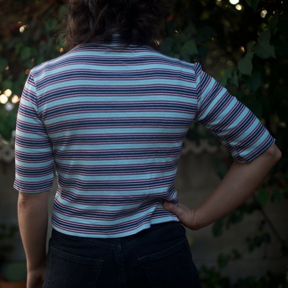 Zara Striped Ribbed Mockneck T Shirt - M - Picture 3 of 6